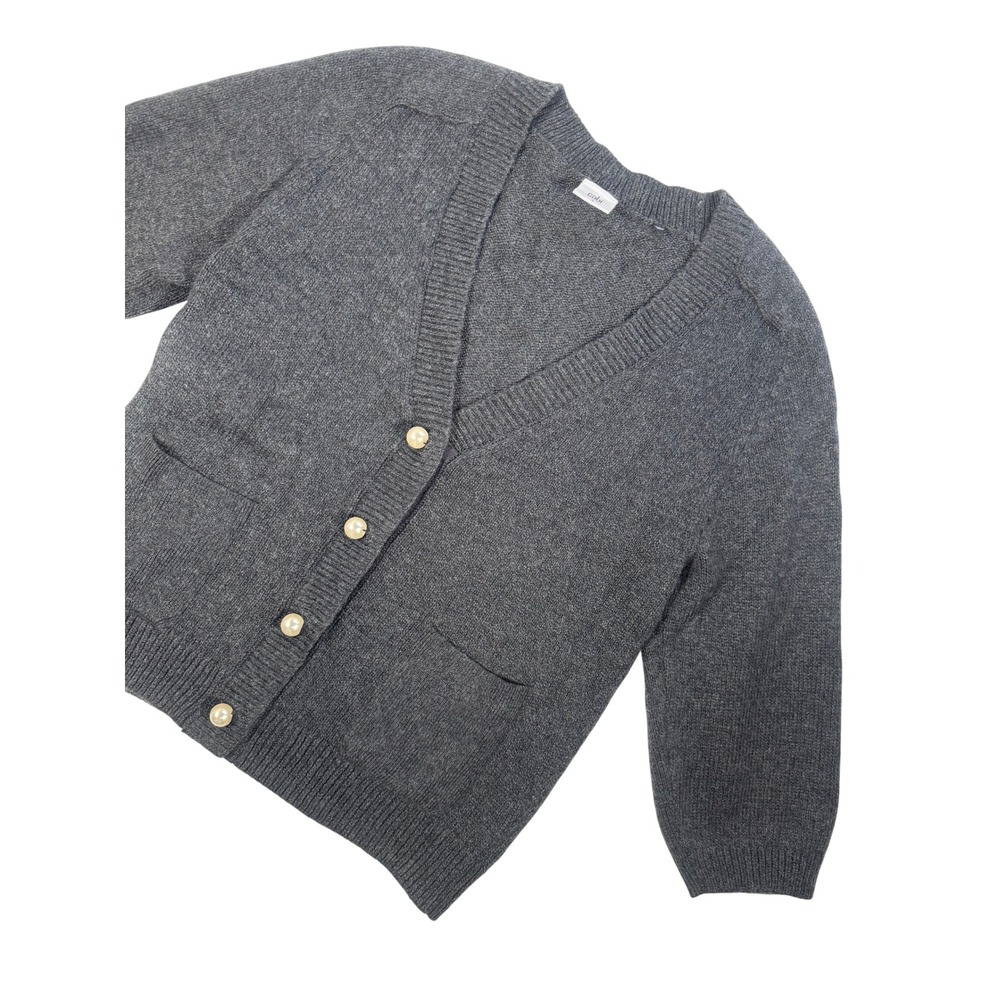 CABI Gray Cotton Blend V-Neck Cardigan Pearl Buttons Women's Small 3/4 Sleeve